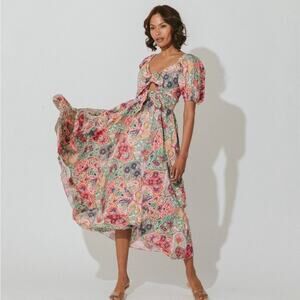 NWT CLEOBELLA Dress XS Floral Fit&Flare Cut-Out 2-Bow Puff-Short-Sleeve Smocked